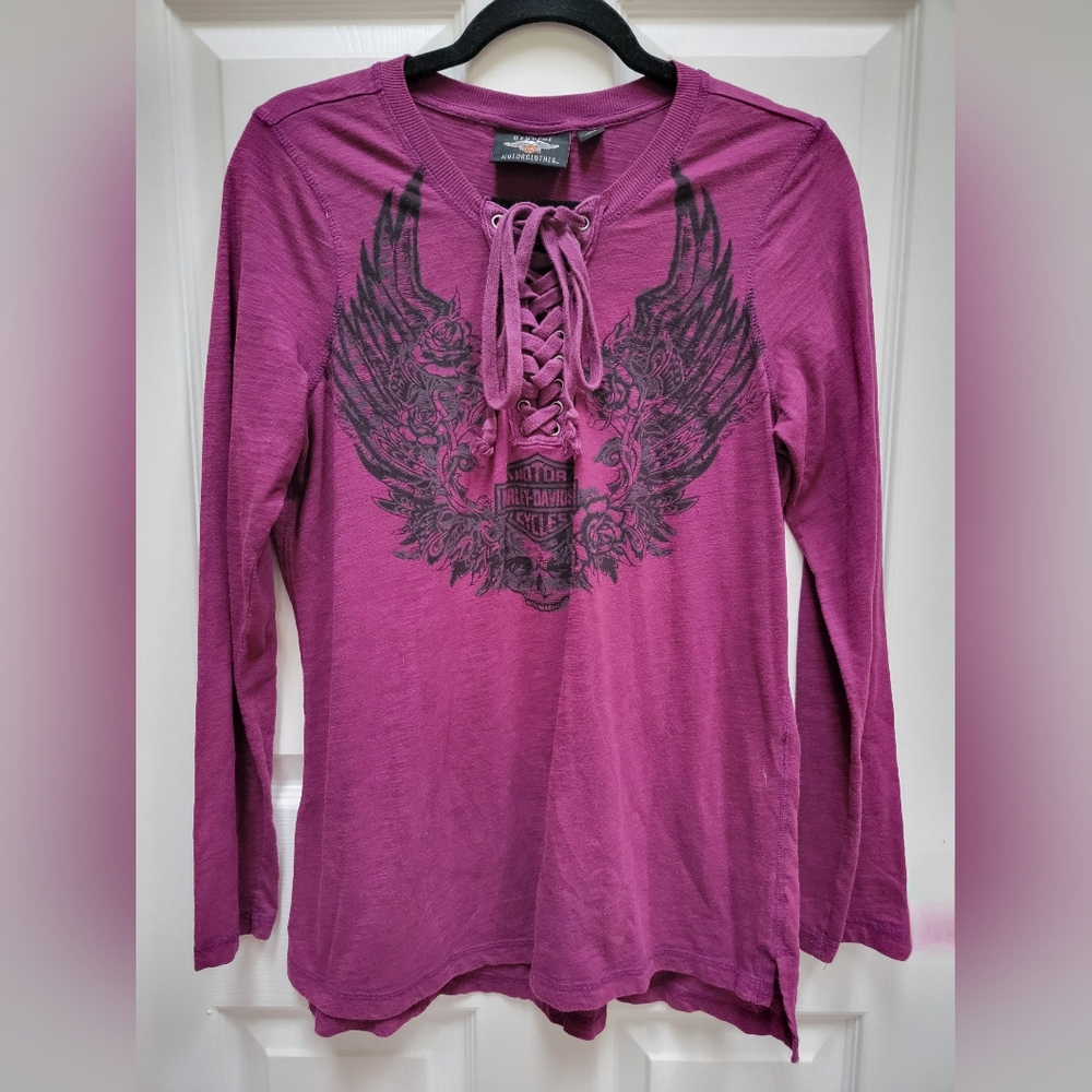 Harley Davidson Women's Purple Lace-Up Graphic Top Size Large